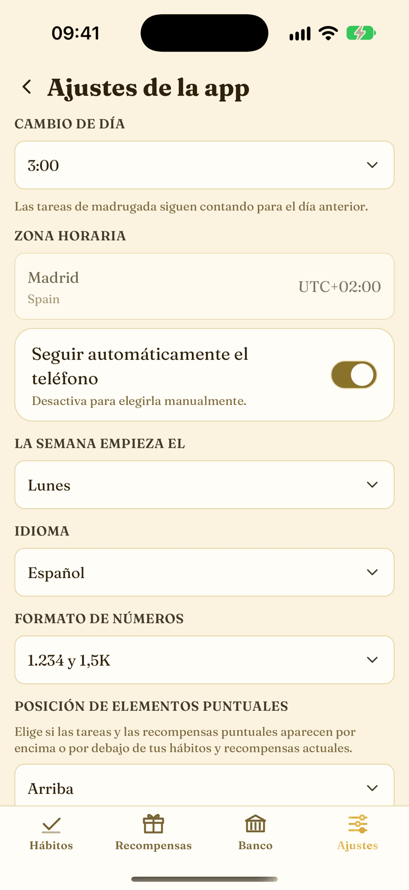 Ajustes de la app
