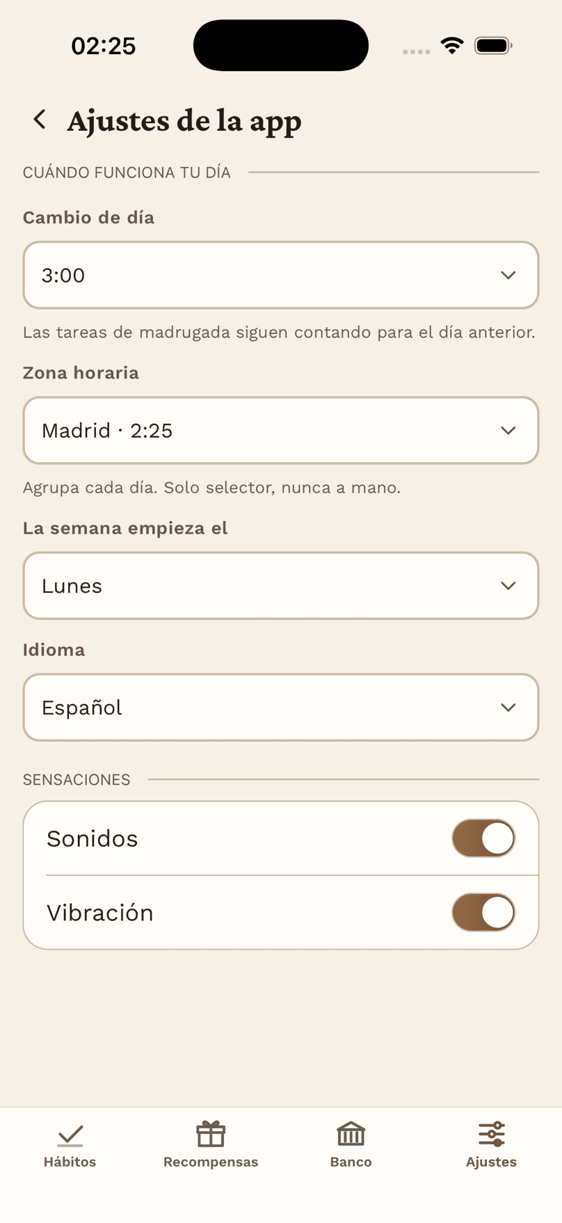 Ajustes de la app