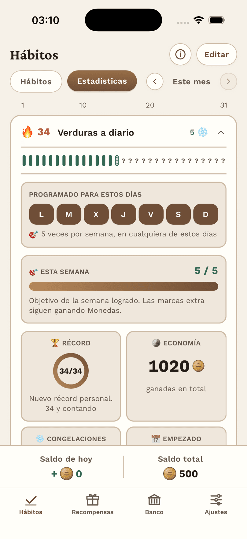 Rachas, congelaciones y objetivos semanales