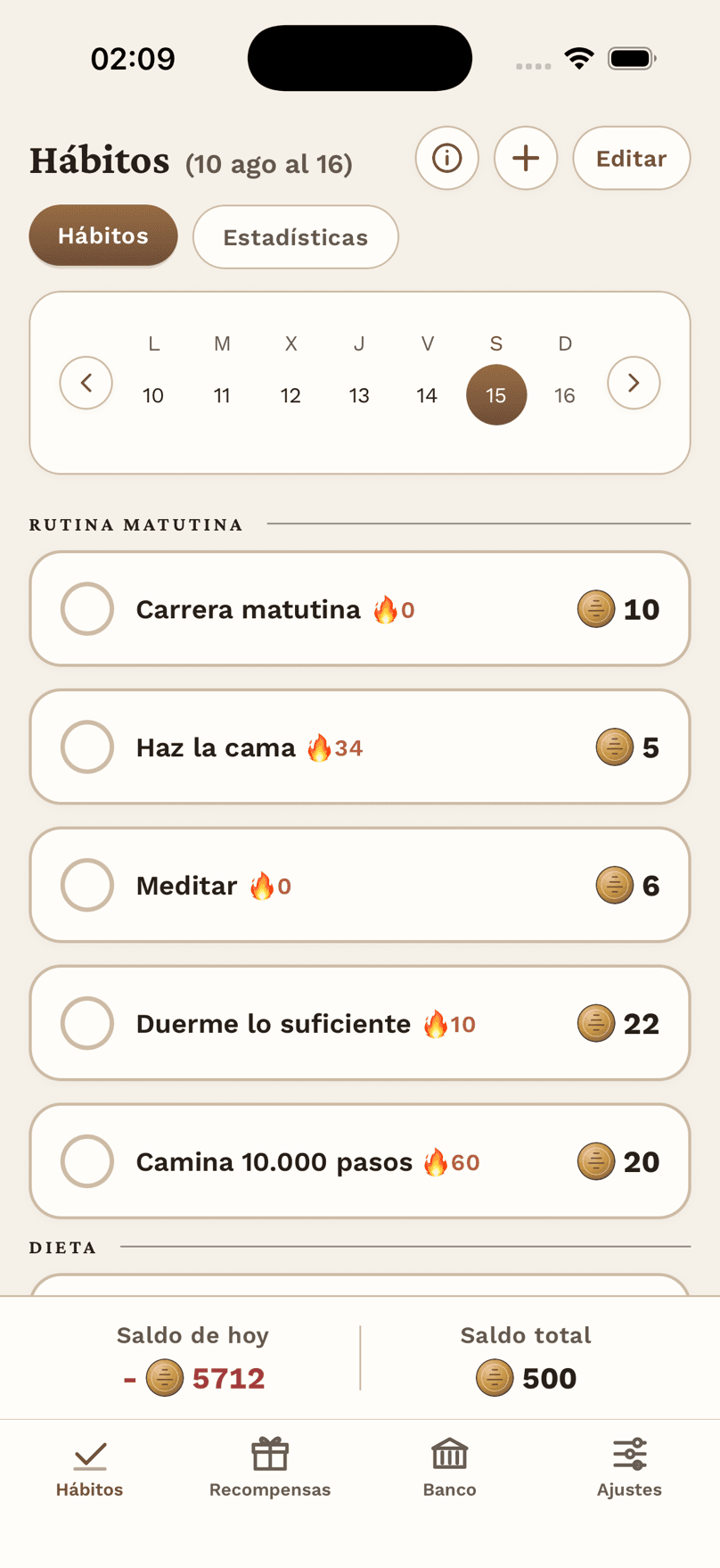 La página de hábitos