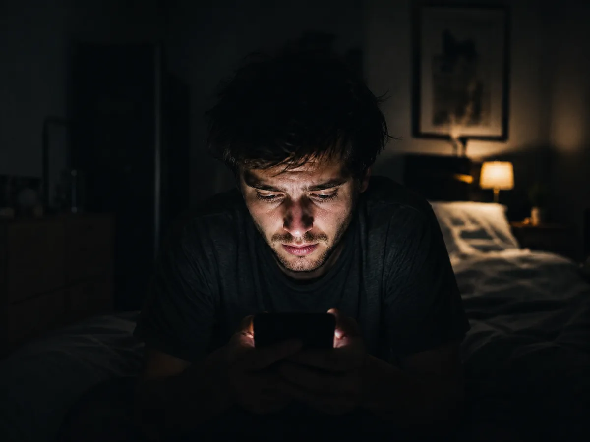 Un hombre tumbado en un dormitorio a oscuras, con la cara iluminada solo por la pantalla del móvil.
