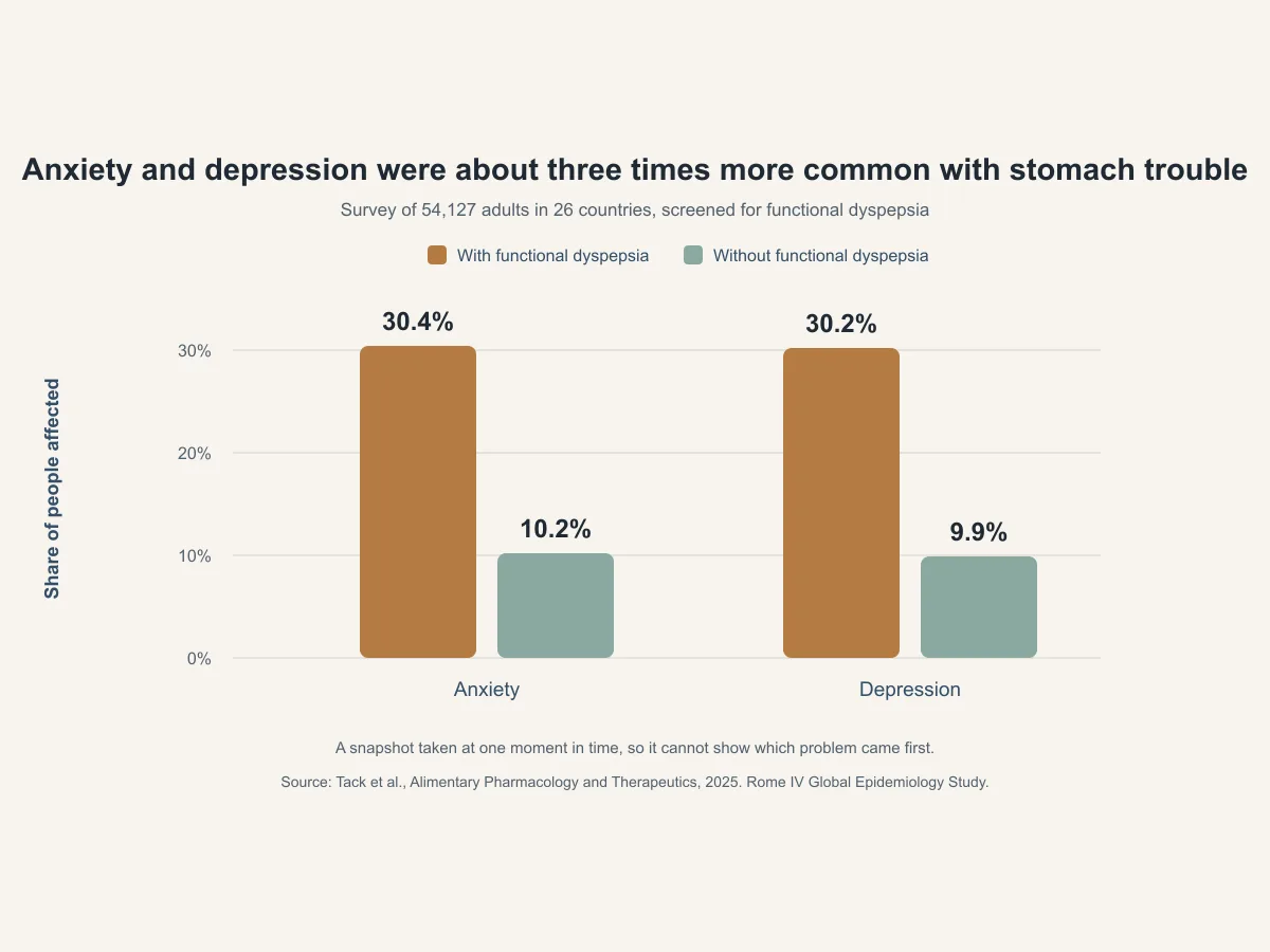 Grouped bar chart comparing anxiety and depression rates in adults with and without functional dyspepsia. 30.4 percent with the condition report anxiety versus 10.2 percent without it, and 30.2 percent report depression versus 9.9 percent.